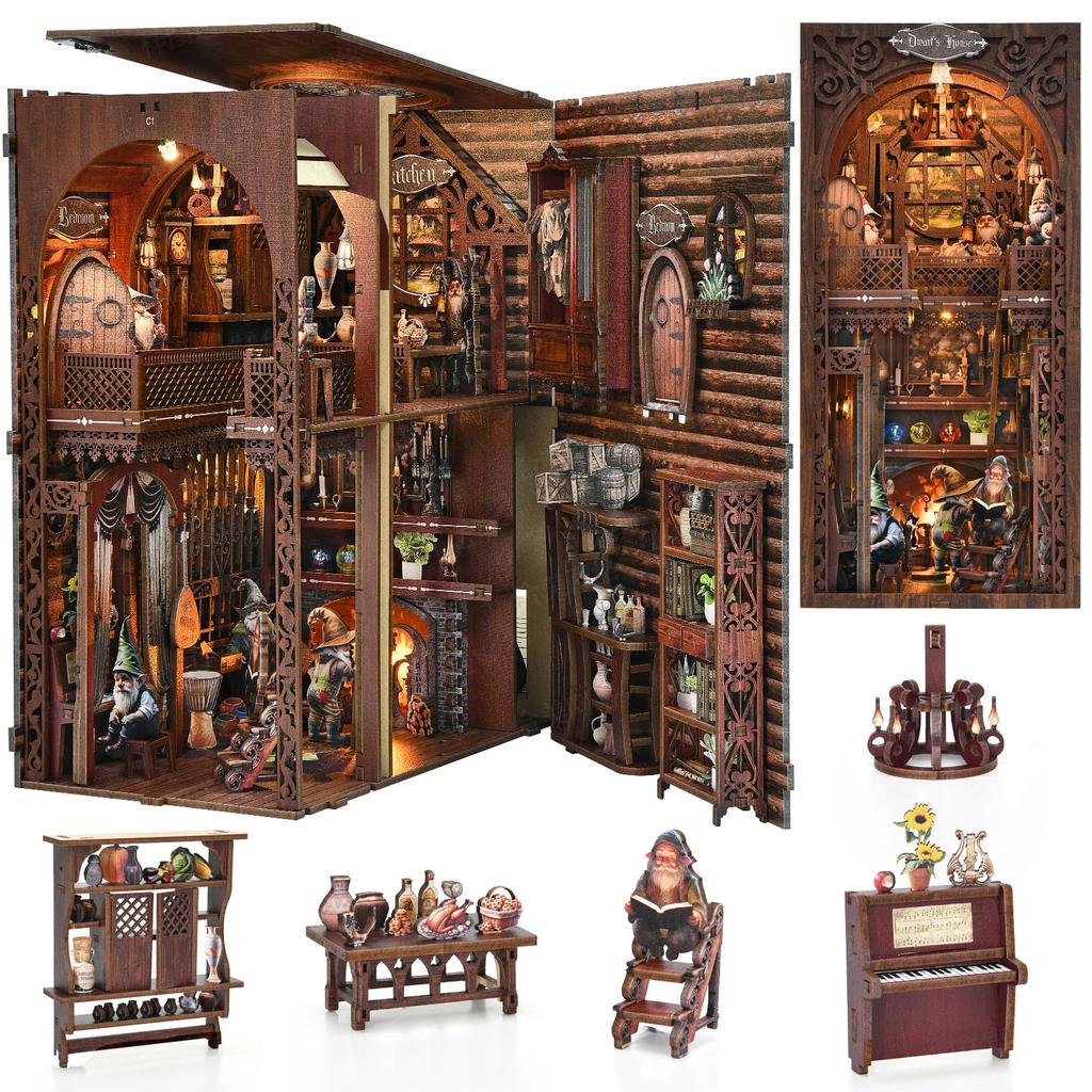 CRESYMME Book Nook Dollhouse Leeds Miniature House Log Cabin Kit, Wooden 3D Puzzle, Handmade for Adults, with LED Lights (Dwarf House)
