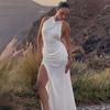European and American women's clothing early autumn wear solid color simple temperament Spice girls sleeveless dress sexy high split backless dress