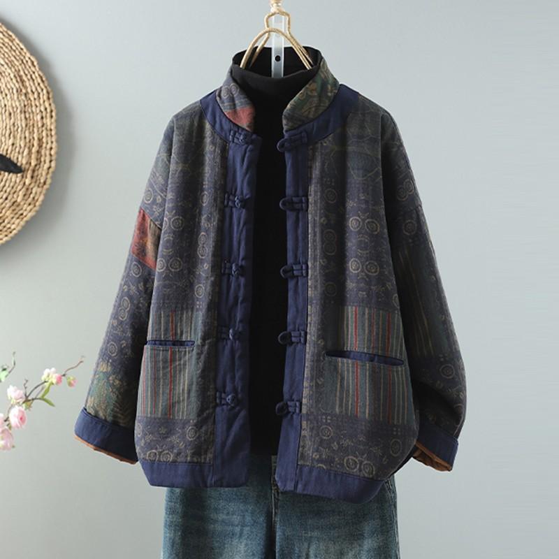 Chinese Style Padded Jackets Women Arrival Autumn Vintage Print Stand Collar Female Thick Warm Quilted Coats