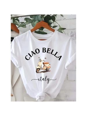 T-shirt Girocollo Unisex Ciao Bella - Manica Corta Casual Stampa Lettere Misto Poliestere Top Primavera & Estate Limone Italiano