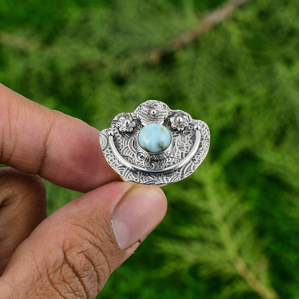 Gift For Her 925 Silver Natural Larimar Stackable Flower Adjustable Ring