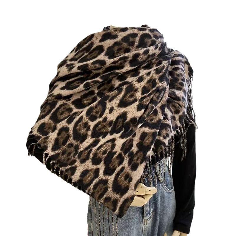 Ink Style Jacquard Leopard Print Shawl Warm Shawl Autumn and Winter Double Sided Versatile Women's Scarf Short Tassel Long Style