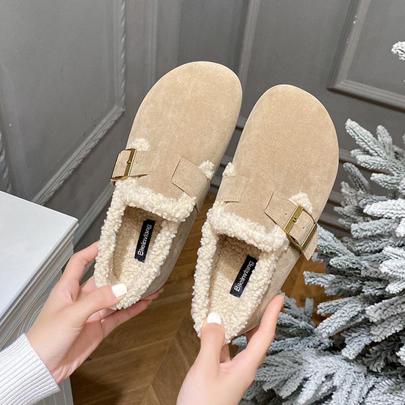 Fashion Faux Suede Lambswool Shoes Woman Cotton Fur Flats Winter Curly Lana Loafers Femme Warm Slip On Woolen Mocasines Snow Furry Botas