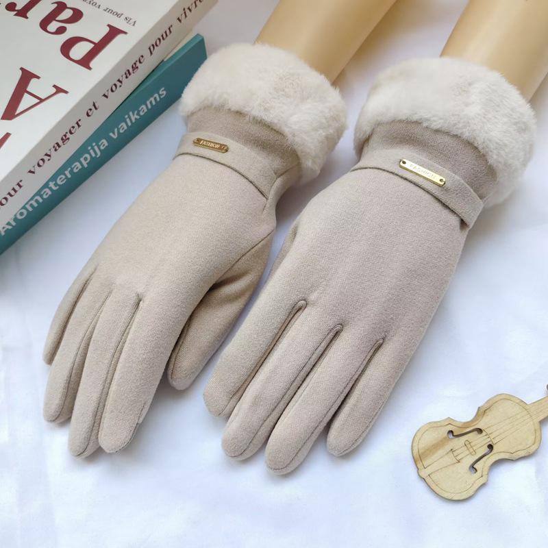 Autumn Winter Warm Suede Gloves Plus Velvet Thickened Plush Decor Cuff Gloves Outdoor Coldproof Touchscreen Riding Ski Gloves