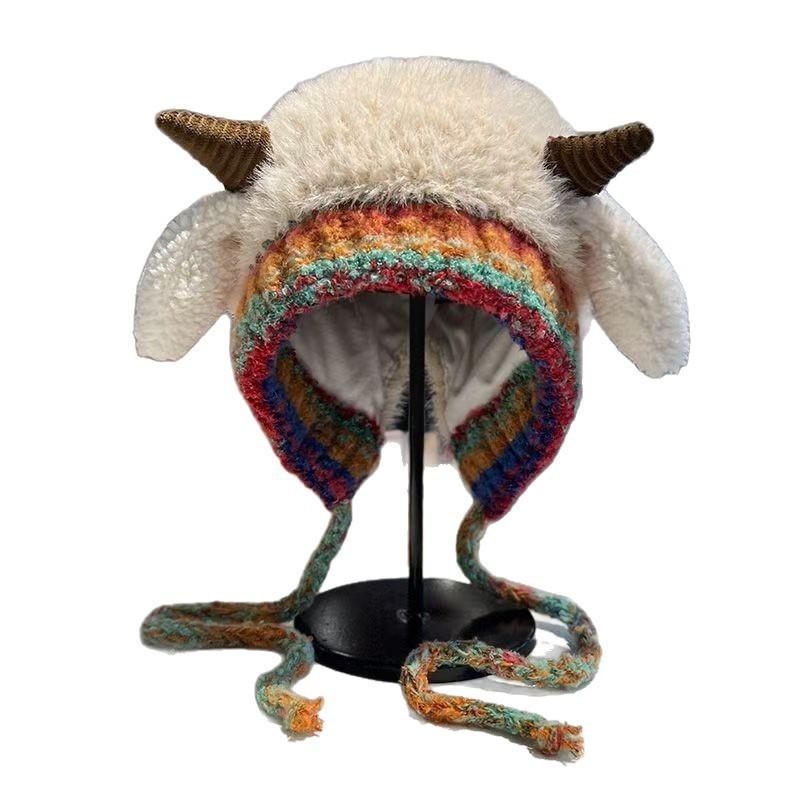 Korean Cute Wool Plush Hat for Women In Autumn and Winter Warm Straps Knitted Ear Protection Hat Outdoor Jacket Hat