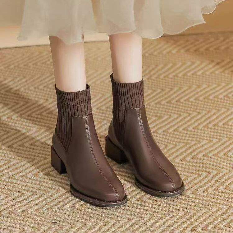 

Французский коричневый высокий каблук короткие ботинки толстый каблук облегающие ботинки ботильоны носки ботинки женские ботинки Мартин весна осень челси ботинки Майяр 40