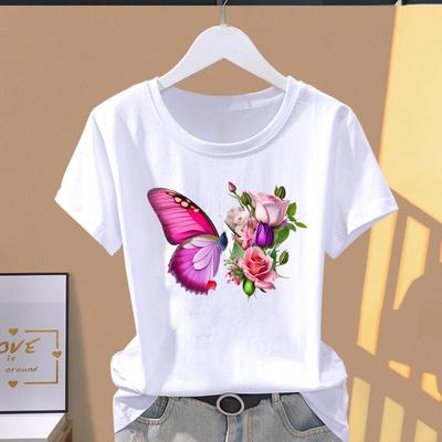 (Asiatische Größe) Grafik T-Shirt Lässig T Kleidung Druck Weiblich Schmetterling Liebenswert Trend Niedlich 90er Lässig Damen Top Mode Kurzarm T-Shirt