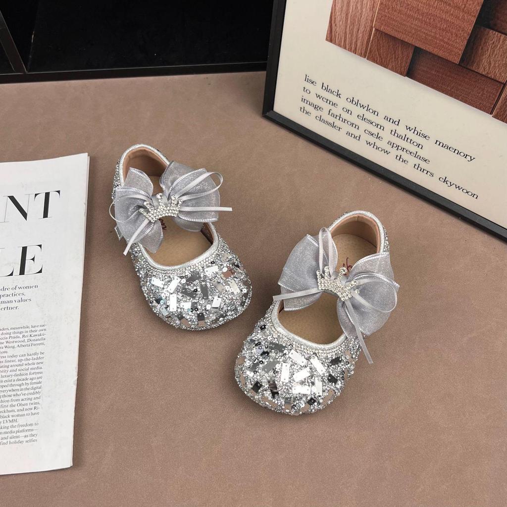 Girls' Sequin Bow Princess Shoes: 2026 Spring/Autumn, Non-Slip, Thin Sole Flats for Little Girls