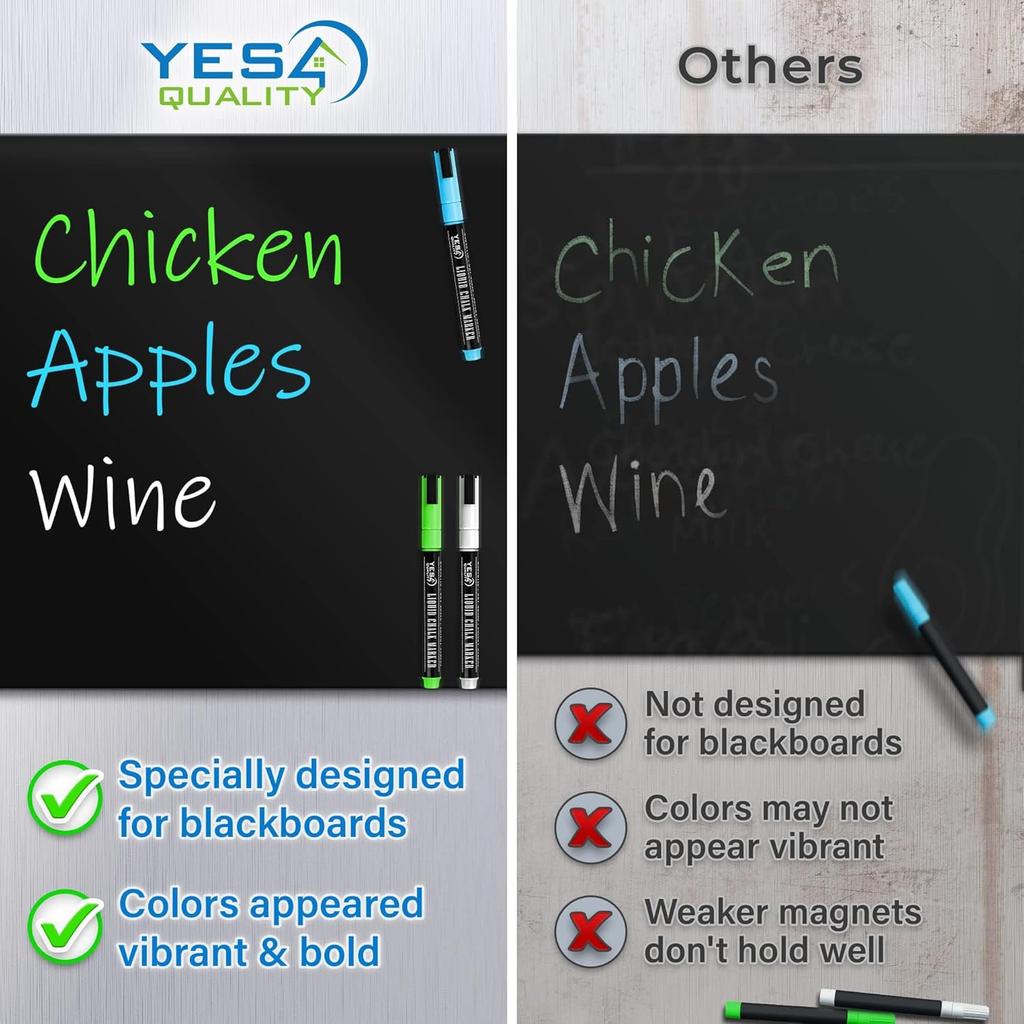 Magnetic Black Dry Erase Board for Fridge (12 x 8 inch), Stain-Resistant w/ 3 Magnetic, Fine-Tip Neon Chalk Markers & Eraser by Yes4Quality
