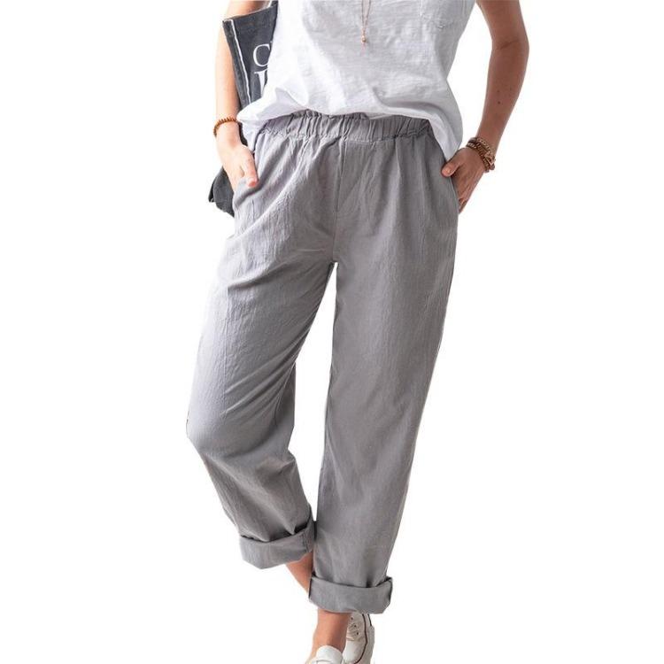 Summer Women Solid Color Casual Elastic High Waist Straight Pants