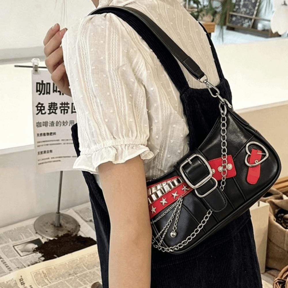 Punk Shoulder Bag Black Red Decor French Stick Handbag Fashion Star Rivet Underarm Bag  Daily