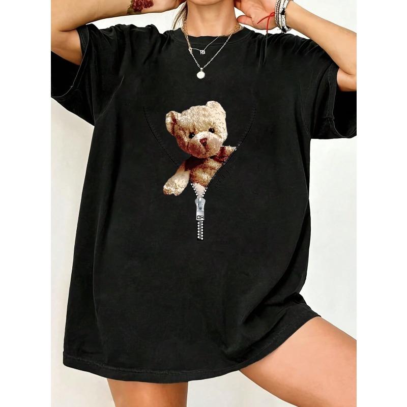 Teddy Bear Zipper Print Oversized T Shirt Black Cute Bear Design For Casual Wear And Street Style Fashion