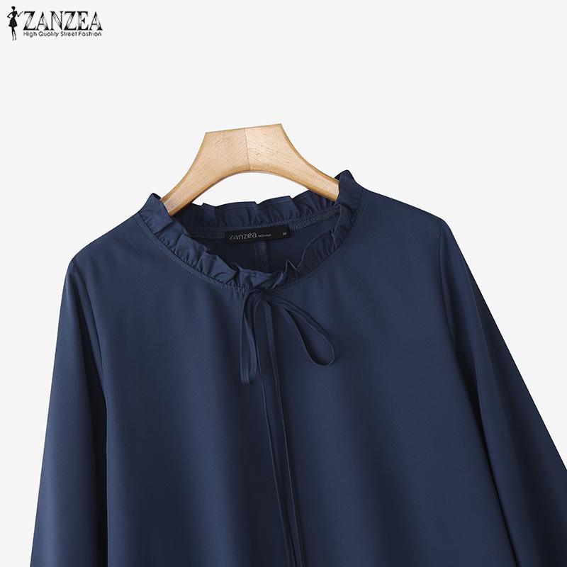ZANZEA Dame Casual Rund Hals Ensfarget Løs Langermet Bluse