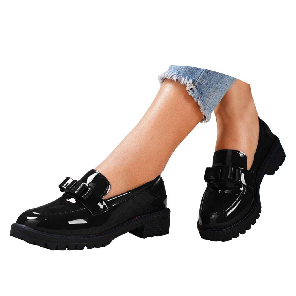 Damen Sommerschuhe Damenmode Glänzendes Leder Loafer zum Hineinschlüpfen Retro Mittelhoher Absatz Einfarbig Freizeitschuhe Schuhe für Frau