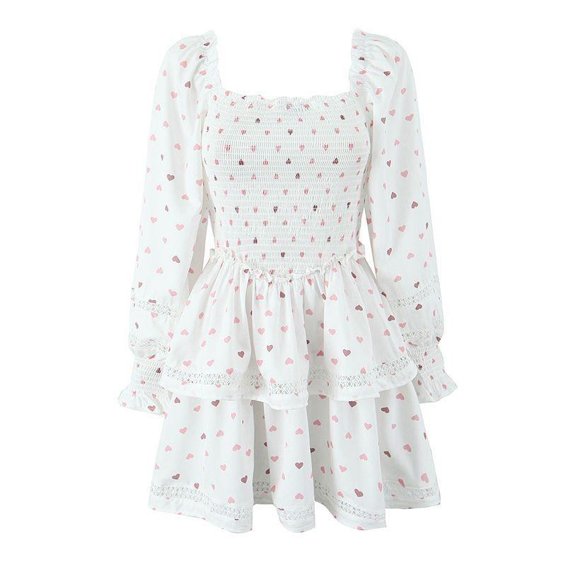 

Sweet Girl Heart French style Rich Family Golden Love Print Square Collar Double Purpose Long sleeve Cake Princess Dress White Heart Print S