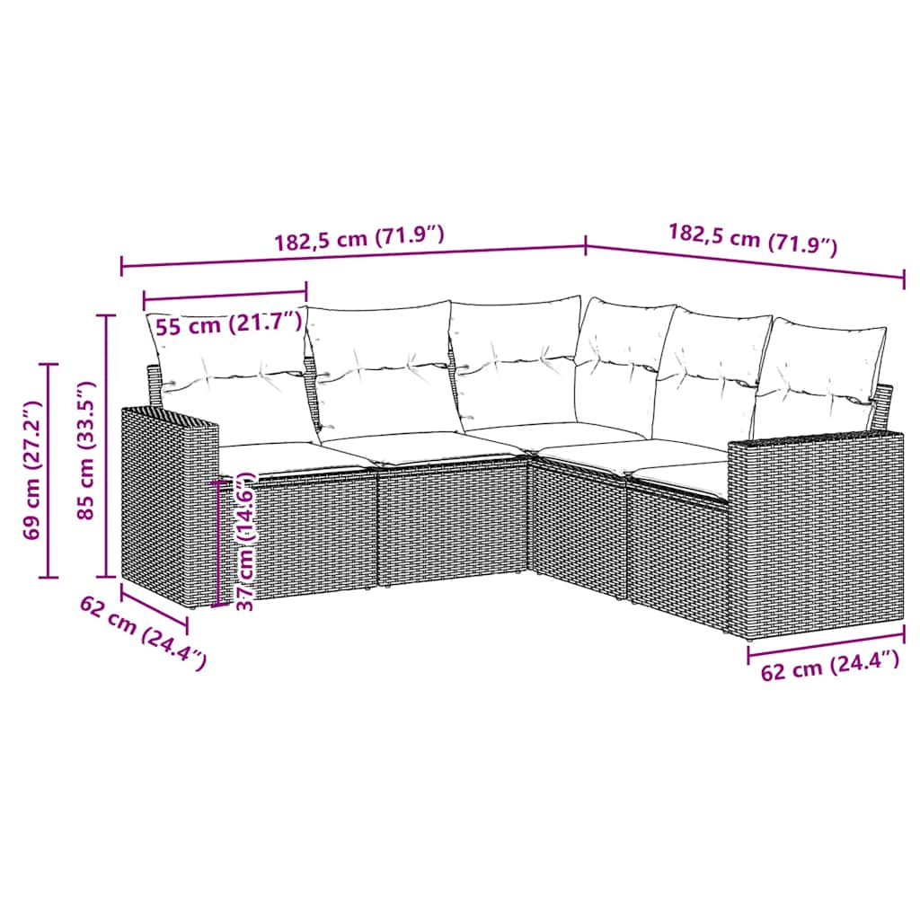 5 Piece Garden Sofa Set with Cushions Brown Poly Rattan