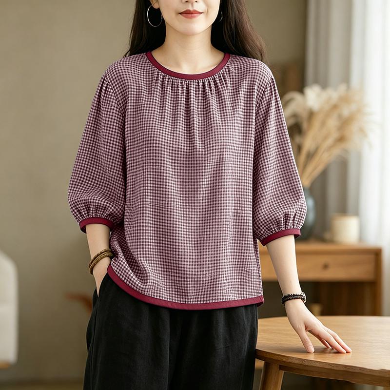 ZANZEA Women Casual Round Neck 3/4 Sleeve Grid Print Loose Blouse