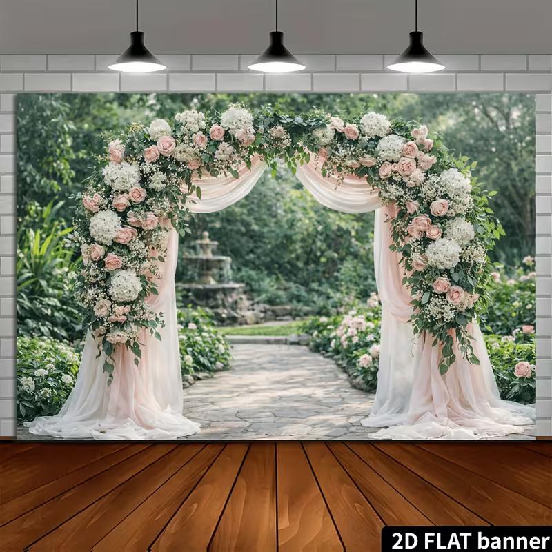 2D Romantic Floral Wedding Tapestry, Blush Pink Arch Garden Background