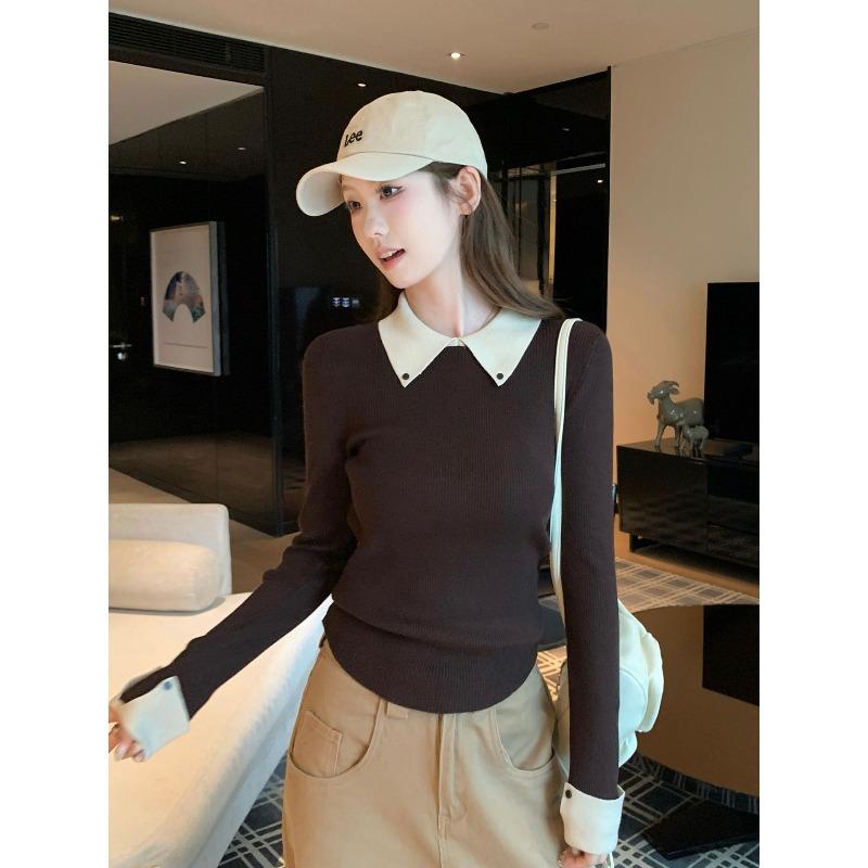 Contrasting color fake two-piece olo lapel knitted sweater women's autumn and winter slim-fitting long-sleeved front shoulder inner top sweater