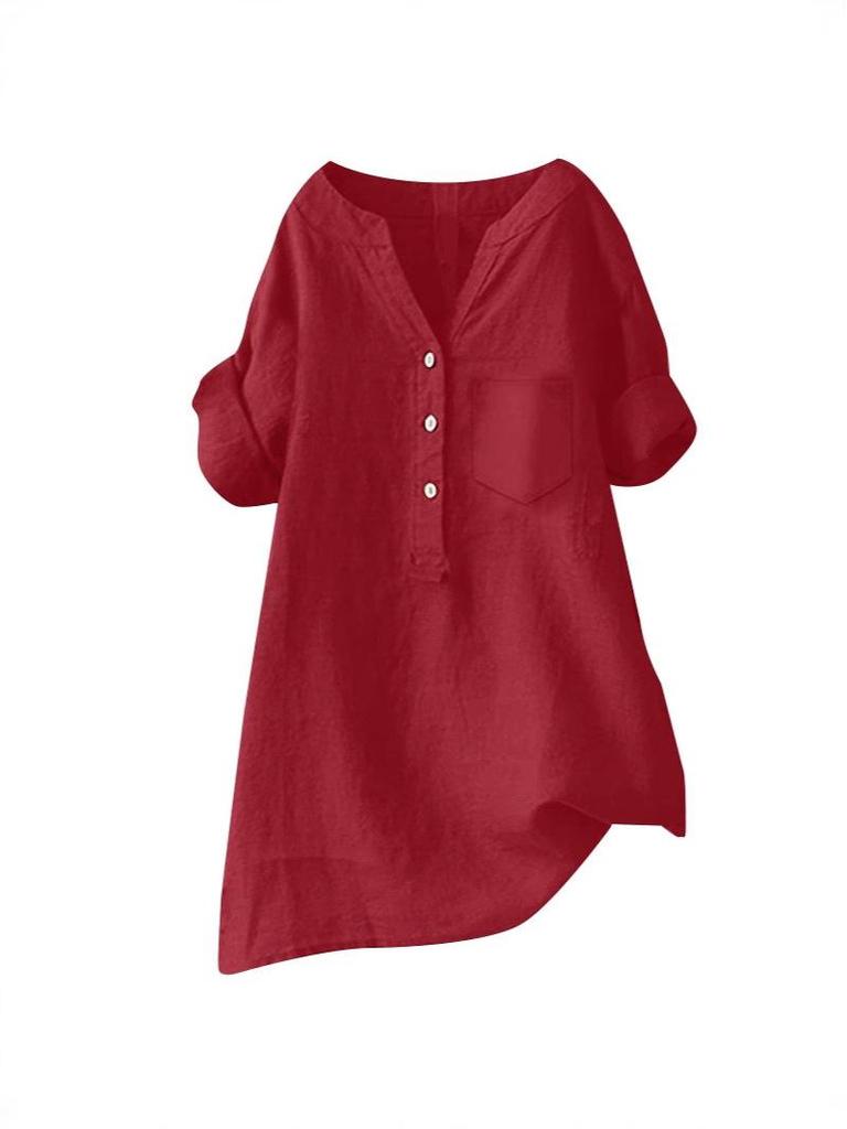 Europäisches und amerikanisches Langarm-Top aus Baumwoll-Leinen mit Stehkragen und Knopfleiste (Modelljahr 2025)