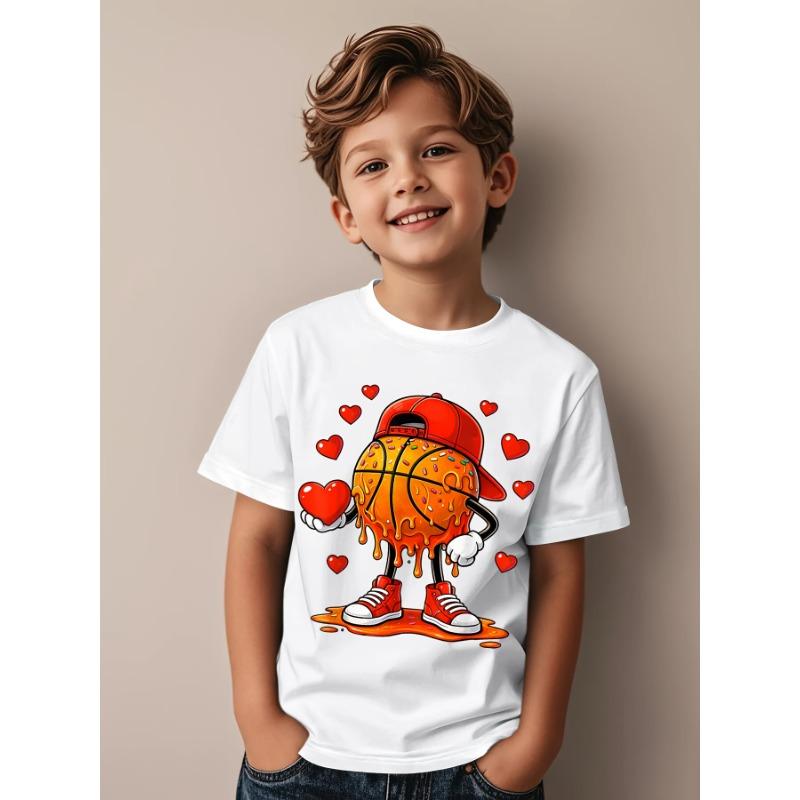European Sizes Soft Breathable Valentine Basketball Heart Drip Sport Valentines Day T-Shirt for Kids | Boys & Girls Graphic Tee - Round Neck