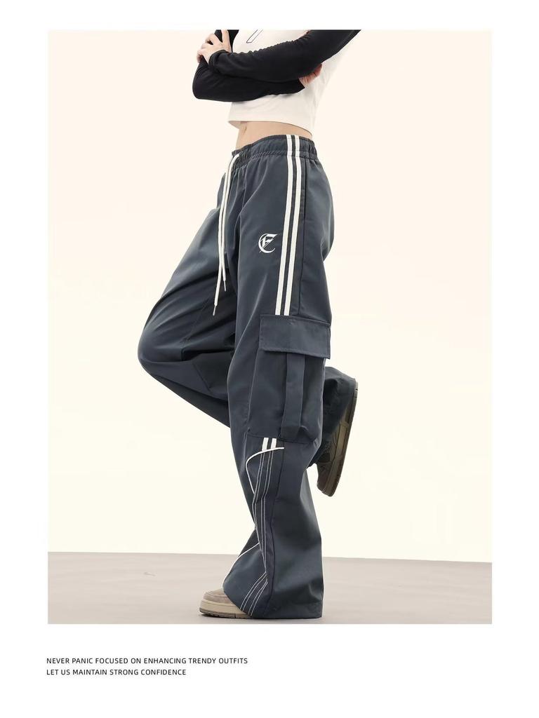 Women's Retro Color Block Hip Hop Cargo Sweatpants - Loose Wide-Leg Floor-Length