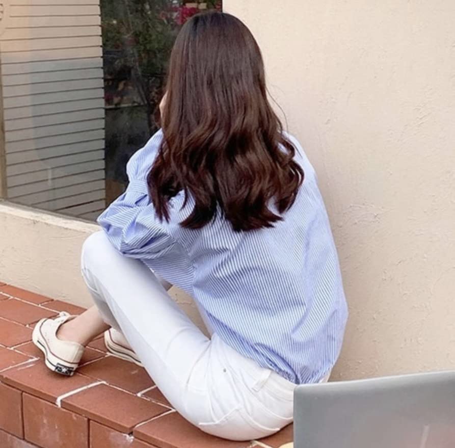 Striped and Knit Vest Ruffled Sweater Korean Style for and [KOREARU] Women's Shirt, Blouse, Set. Blouse. Spring, Summer, Fall, Winter. (Shirt [Blue])