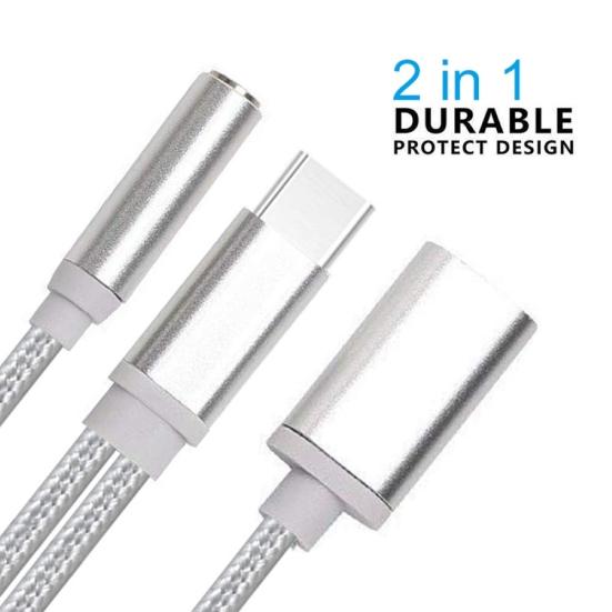 2 in 1 Type-c to 3.5mm Earphone Audio Jack Charging Cable Converter Adapter