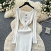 Autumn Spring Women Square Collar Full Sleeve Long Midi Knitted Sweater Office Work Slim Bodycon Pullover Dresses