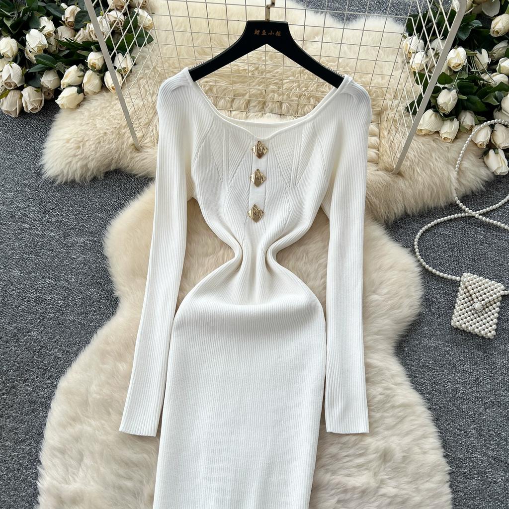 Autumn Spring Women Square Collar Full Sleeve Long Midi Knitted Sweater Office Work Slim Bodycon Pullover Dresses