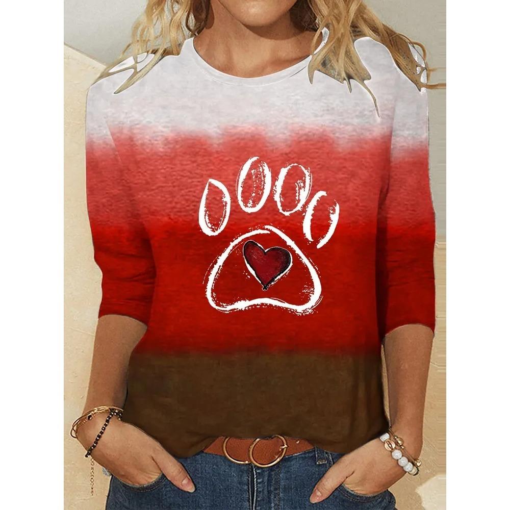 Fashionable Versatile Leisure 3D Long Sleeved T-shirt Women Loose Large Round Neck Casual Top Cartoon Letter Portrait Printed T-shirt