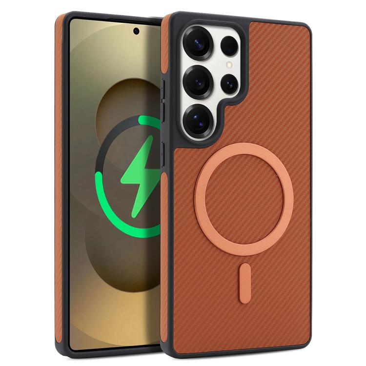 Carbon Fiber MagSafe Phone Case For Galaxy S25 Ultra 5G, Carbon Fiber Leather Magnetic Ring Anti-Drop Lens Protection Protective Cover