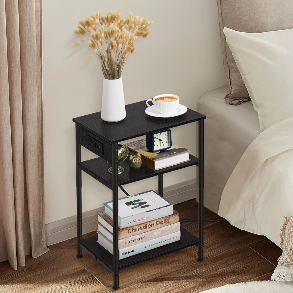 Nightstand with USB Charging Station, 3 Tier Narrow End Side Table with Storage Shelf for Living Room Bedroom Balcony, Black