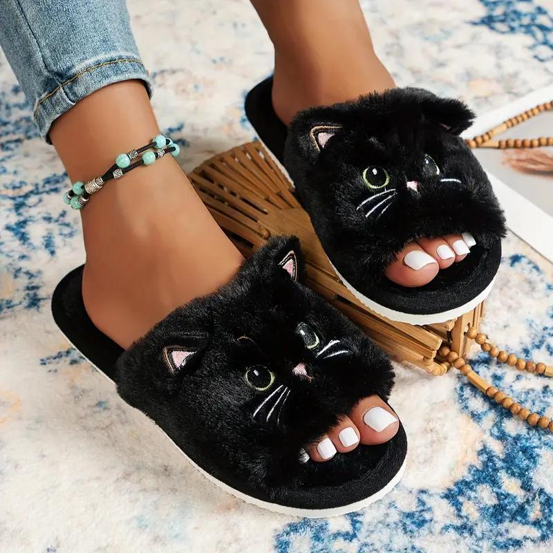 Cozy Black and White Cat Slippers for Women - Soft Fleece, Non-Slip EVA Sole, Home Cotton Slippers