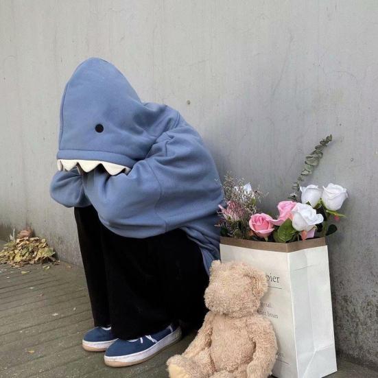 Fun Shark Patch Hooded Sweater Cozy And Stylish Sporty Casual Loose Trendy Couple's Pullover for Autumn