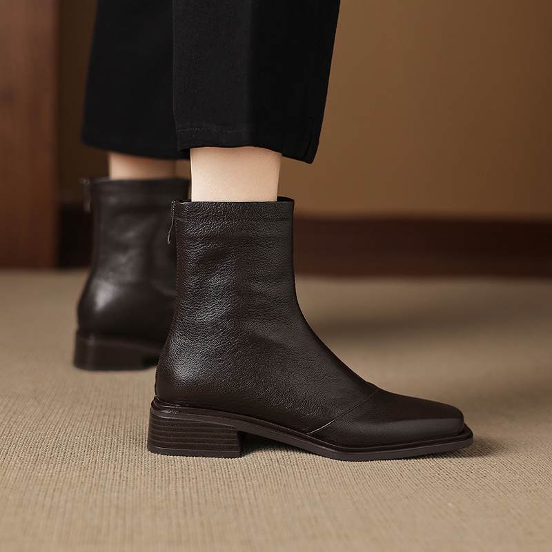 Krazing Pot Sheepskin Winter Square Toe Western Boots Med Heels Zipper Women Ankle Boots