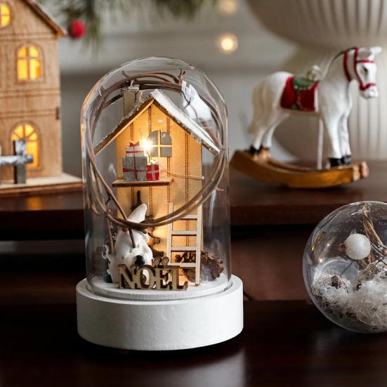 Christmas Dome Glass Ornament LED Light Up Reindeer Christmas Tree Little Church In Cloche Tabletop Decoration for Indoor Room Desktop Decor