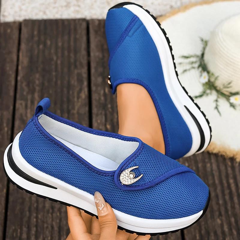 Fashion Crystal Metal Light Breathable Sneakers Women Summer Thick Sole Platform Mesh Shoes Plus Size Comfort Non Slip Walking Shoes
