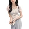 Pure desire striped shoulder U-neck short-sleeved T-shirt women's summer new niche design sense slim and thin top tide