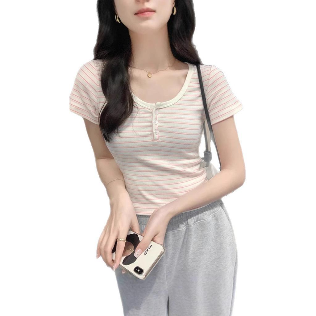 Pure desire striped shoulder U-neck short-sleeved T-shirt women's summer new niche design sense slim and thin top tide