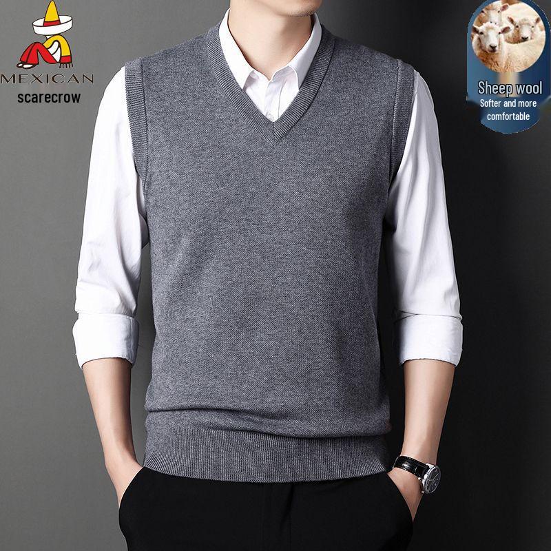 Men's V-Neck Wool Cardigan Vest - Autumn/Winter Cashmere Knit Sweater for Dad