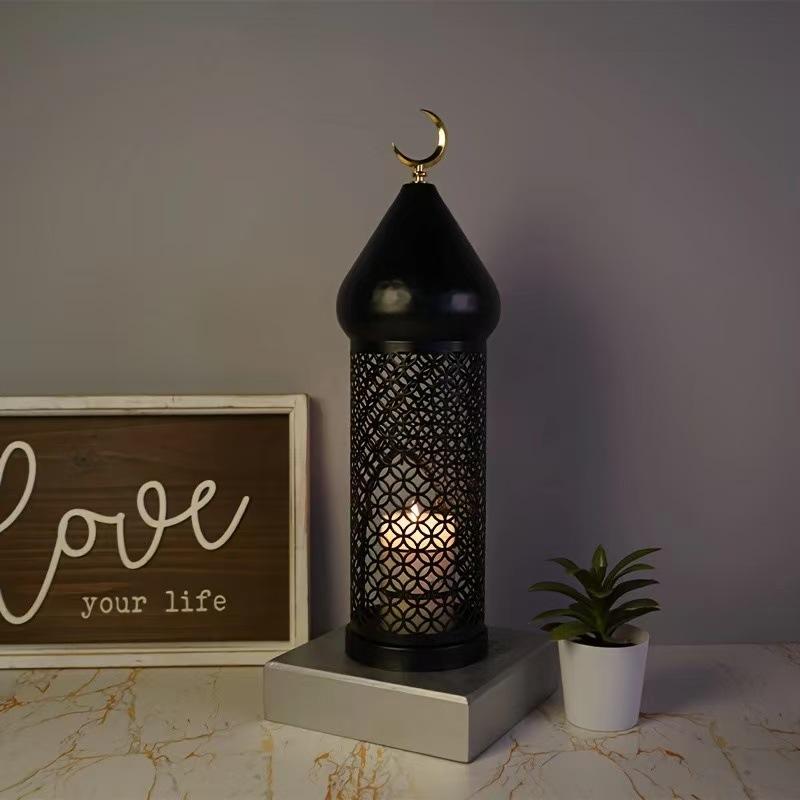 Ramadan Kareem Crescent Dome Lantern Candle Holder Black Metal Islamic Decoration Eid Mubarak Celebration Home Decor