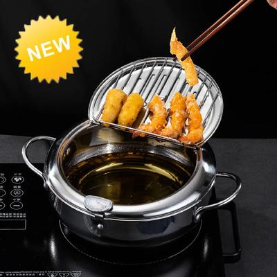 Japanese Style Cooking Pot with Thermometer Lid 304 Stainless Steel Oil Drip Drainer Rack for French Fries Chicken Wings Shrimp