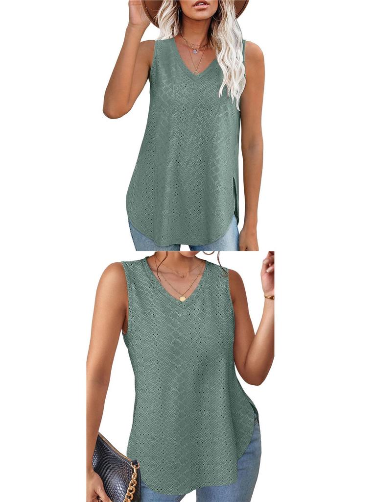 Spring/Summer V-Neck Sleeveless Eyelet Jacquard Women's Casual Vest Top