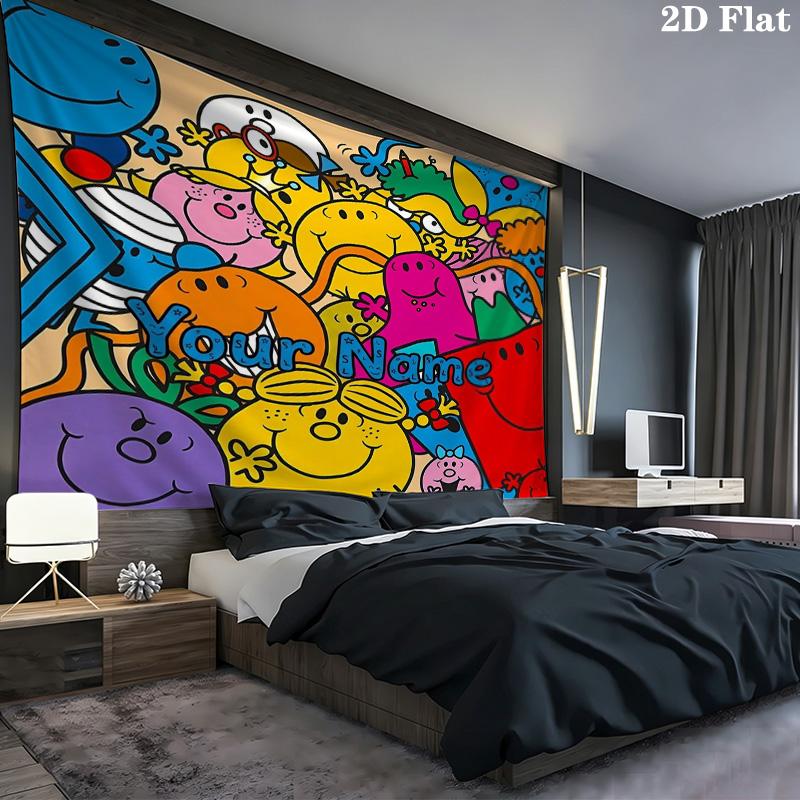 Mr Men Adventure Custom Name Wall Tapestry Aesthetic Wall Hanging Printed Fabric Blanket Decorative Tapestries For Bedroom Living Room Home Decor