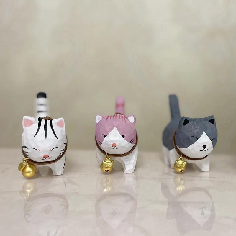 Wooden Handcrafted Carved Cat Figurine Cute Bell Desk Decor For Gifts And Home Office