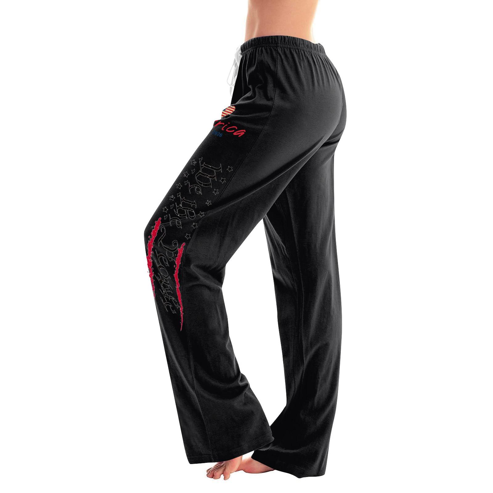 

Women Casual Loose Fit Pants Independence Day Print Elastic Waistband Lightweight Breathable Fabric Lounge Wear XL чёрный