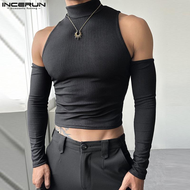 INCERUN Men Summer High Neck Cutout Sleeve Oversleeve Rib Casual Fitted Short Tank Tops