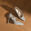 10525 [sheepskin] high heels women's thick heel 2025 new wedding shoes pointed silver waterproof table single shoes