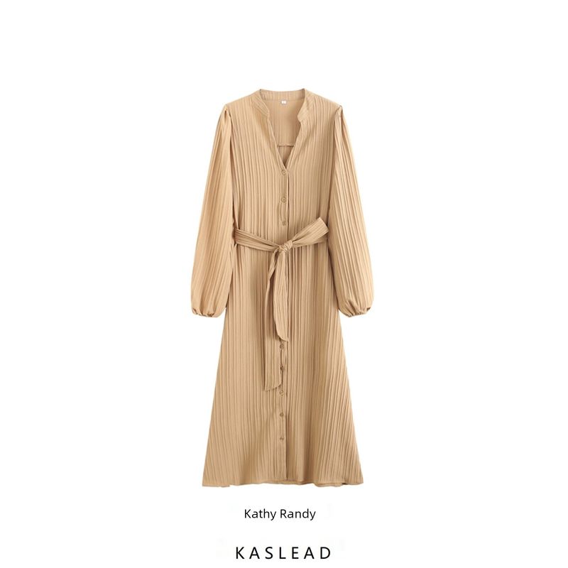 Kaslead New Arrival Women's Fashion Style Fashion Pleated Tied V-neck Pure Color Puff Sleeve Dress Long Dress